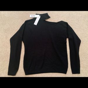 Women’s black cashmere sweater, cold shoulder cutout, $198